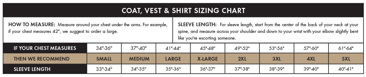 coats vests and shirts size chart